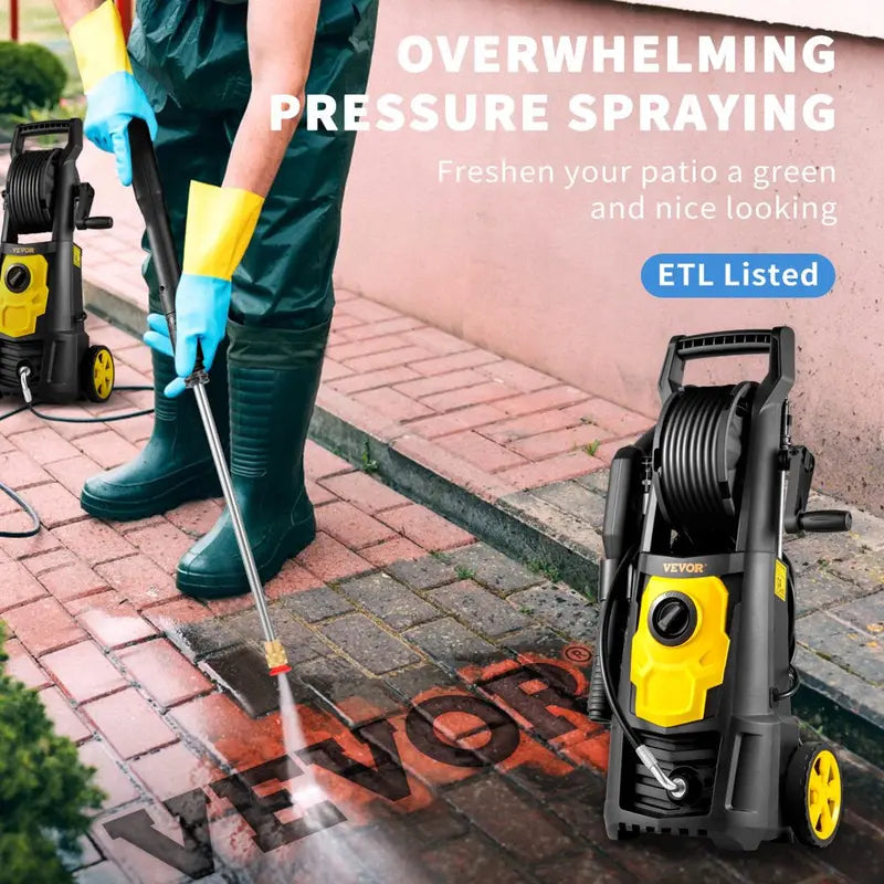 VEVOR 2000 PSI Electric Pressure Washer, 1.76 GPM, 1500W Motor, 30 Ft Hose & Reel, 5 Nozzles, IPX5