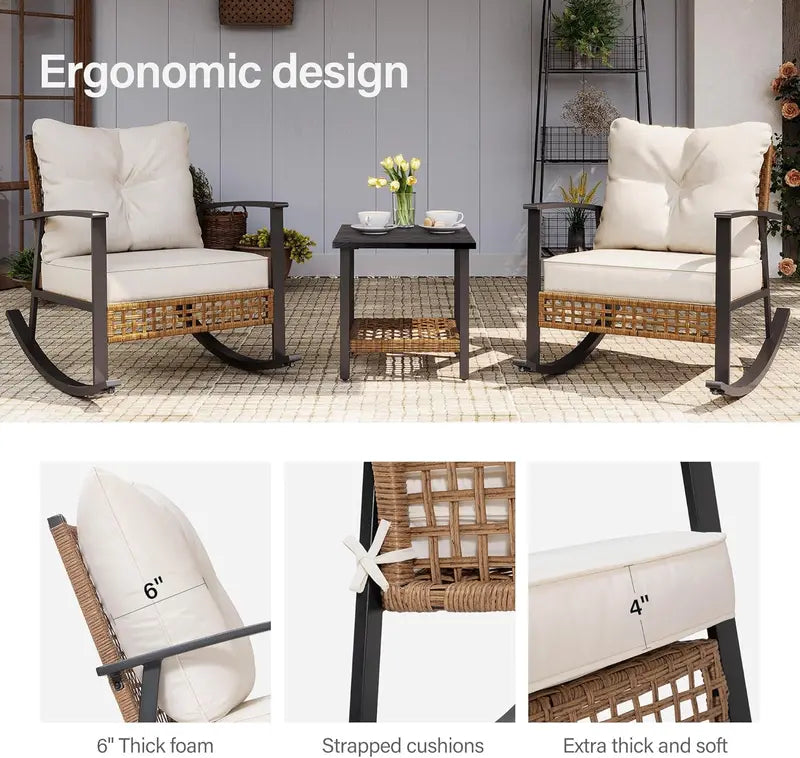 LAUSAINT HOME Oversized Rattan Bistro Set — 3-Piece Outdoor Rocking Conversation Furniture for Patios
