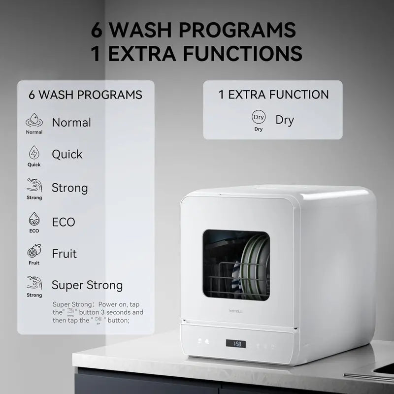 Hermitlux Countertop Mini Dishwasher – 7-Program Portable Unit with 5L Built-in Tank, LED Display, Glass Door, No Plumbing Required