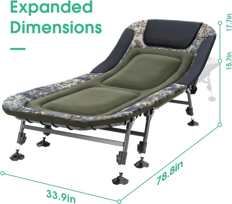 Heavy-Duty Adult Camping Cot – 330-Lb Capacity, Padded Cushion, 180° Reclining, Includes Carry Bag