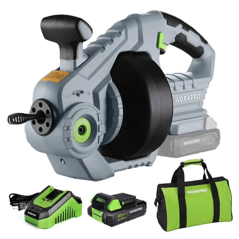 WORKPRO 20V Cordless Electric Drain Auger – 25-Foot Plumbing Snake with 2.0Ah Battery & Charger