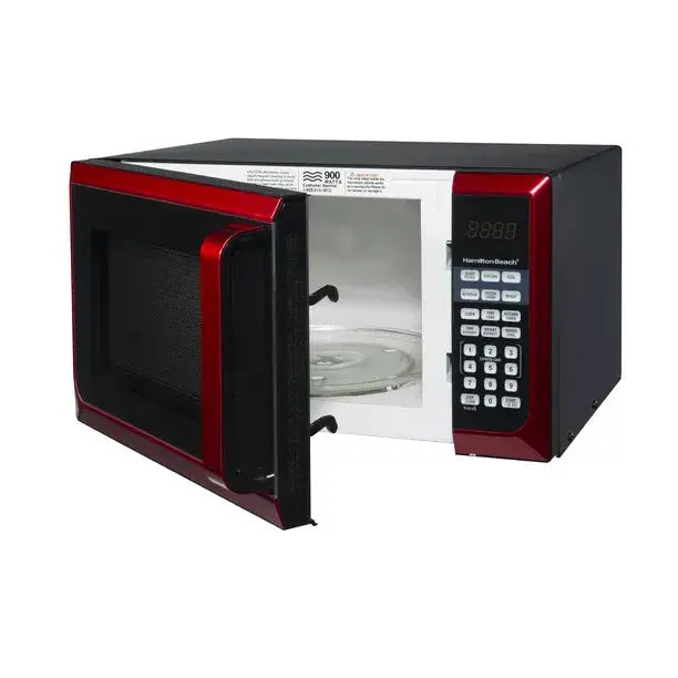 Hamilton Beach Stainless Steel Microwave – 0.9 Cu. Ft., 900W Power, Red Accents, LED Display, Countertop Convenience