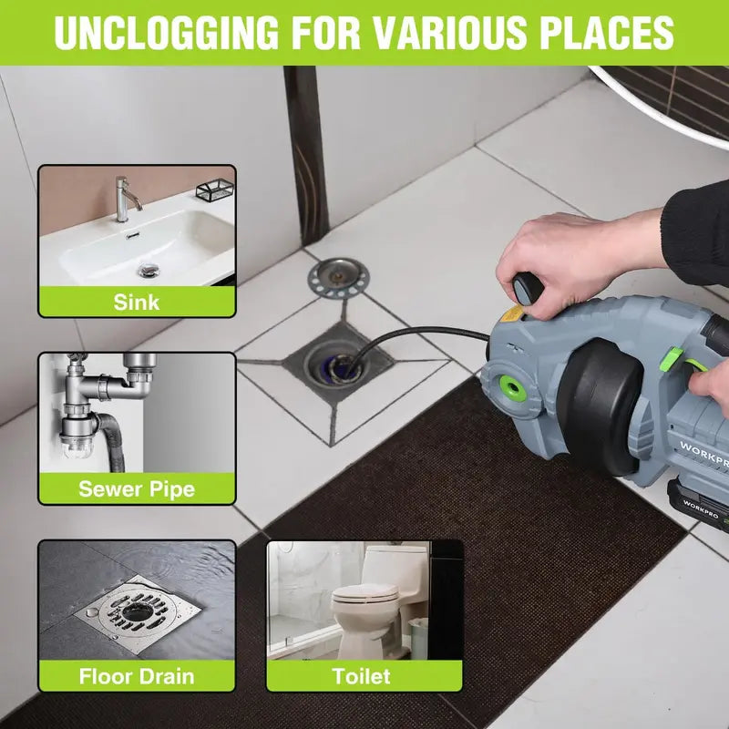 WORKPRO 20V Cordless Electric Drain Auger – 25-Foot Plumbing Snake with 2.0Ah Battery & Charger