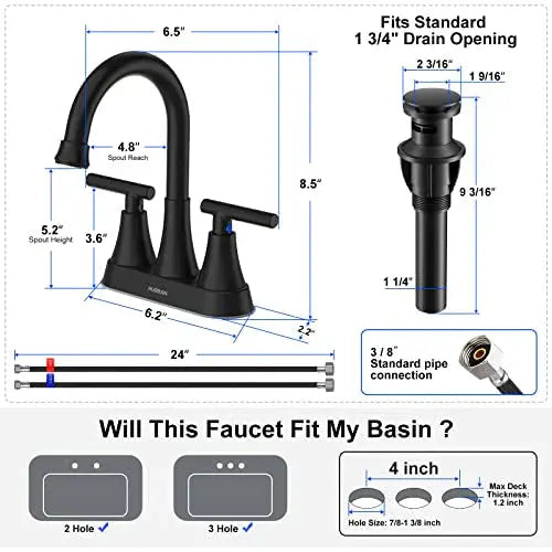 Hurran 3-Hole Bathroom Faucet – 4-Inch Matte Black Sink Faucet with Pop-Up Drain Assembly