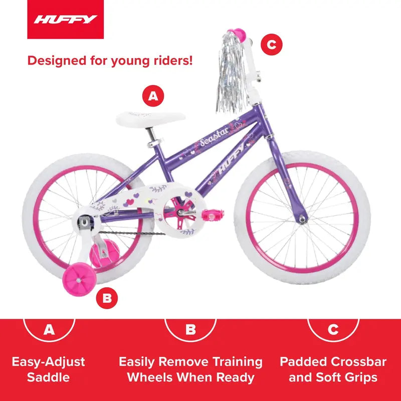 Huffy Sea Star 18-Inch Kids Bike – Purple, Single-Speed with Training Wheels, Ideal for Ages 4+
