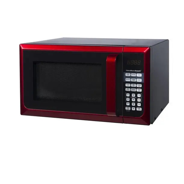 Hamilton Beach Stainless Steel Microwave – 0.9 Cu. Ft., 900W Power, Red Accents, LED Display, Countertop Convenience