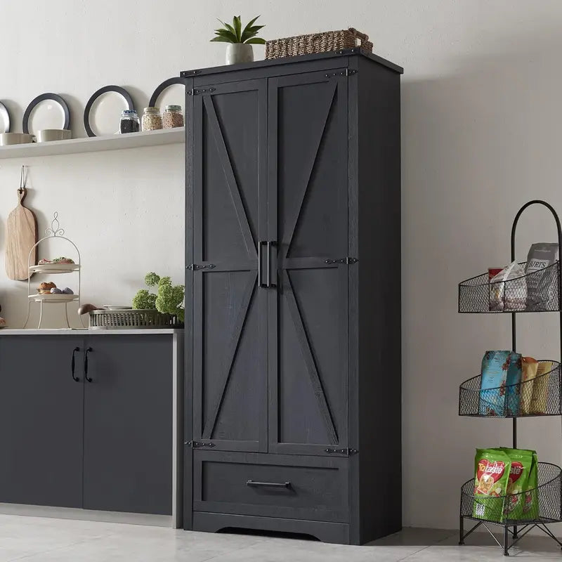 JXQTLINGMU Farmhouse Pantry Cabinet – 72-Inch Tall Wood Storage Unit with Barn Doors, Drawer, and Adjustable Shelves