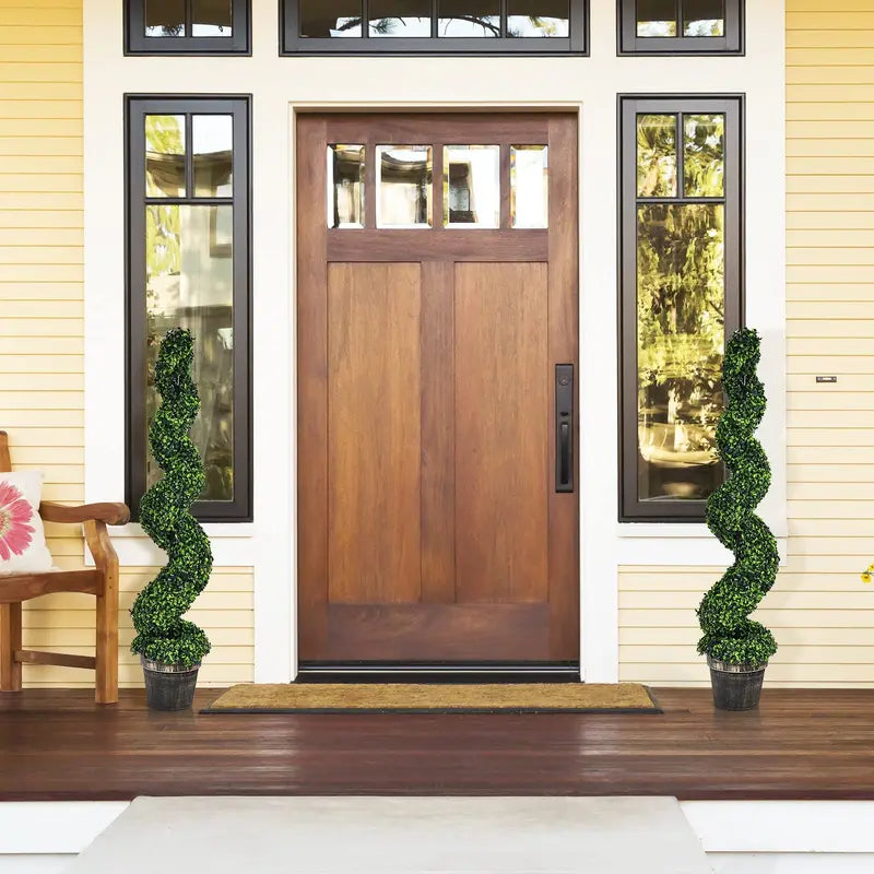 Pair of 4-Foot Spiral Boxwood Topiaries – Realistic Faux Trees in Weighted Plastic Pots