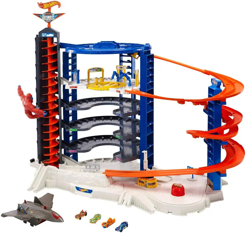 Hot Wheels Super Ultimate Garage Track Set with 4 Toy Cars & Jet Plane, 3-Foot Tall, Motorized Elevator, Ages 5-8