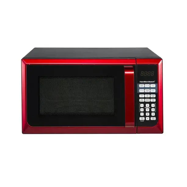 Hamilton Beach Stainless Steel Microwave – 0.9 Cu. Ft., 900W Power, Red Accents, LED Display, Countertop Convenience