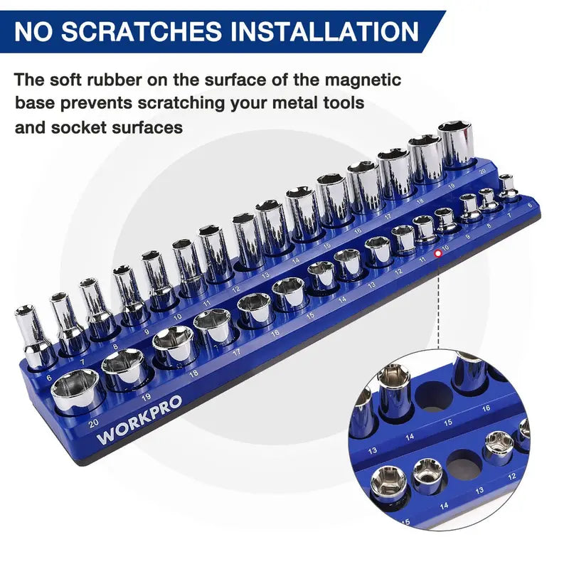 WORKPRO Compact Magnetic Socket Tray Set – 4-Piece Organizer for 1/4″ and 3/8″ Drives, Supports 108 Standard Socket Sizes