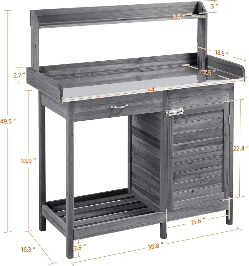 Yaheetech Outdoor Potting Bench – Metal-Frame Work Table with Cabinet, Drawer, Open Shelf, and Natural Wood Top