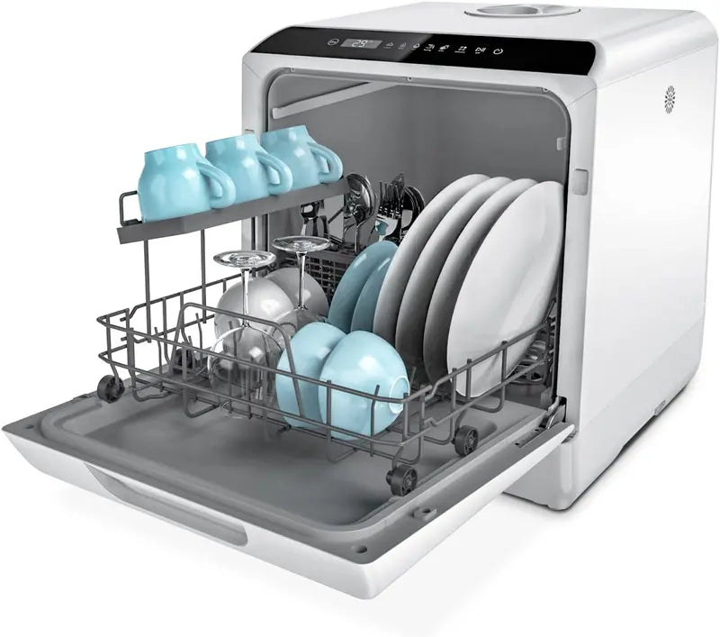 Hermitlux Countertop Mini Dishwasher – 7-Program Portable Unit with 5L Built-in Tank, LED Display, Glass Door, No Plumbing Required