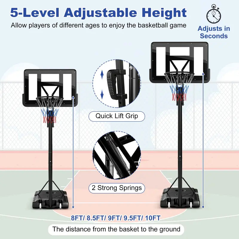 Height-Adjustable Portable Basketball Hoop – 5-Tier Outdoor Goal System (8–10 ft Range)