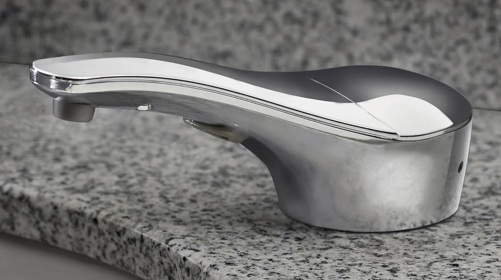 Automatic liquid soap dispenser, with a top-mounted contactless soap nozzle, capacity 34 ounces (1.0 liters), can be placed on the countertop of a public restroom, installation diameter 1-3/8 inches, chrome surface treatment.