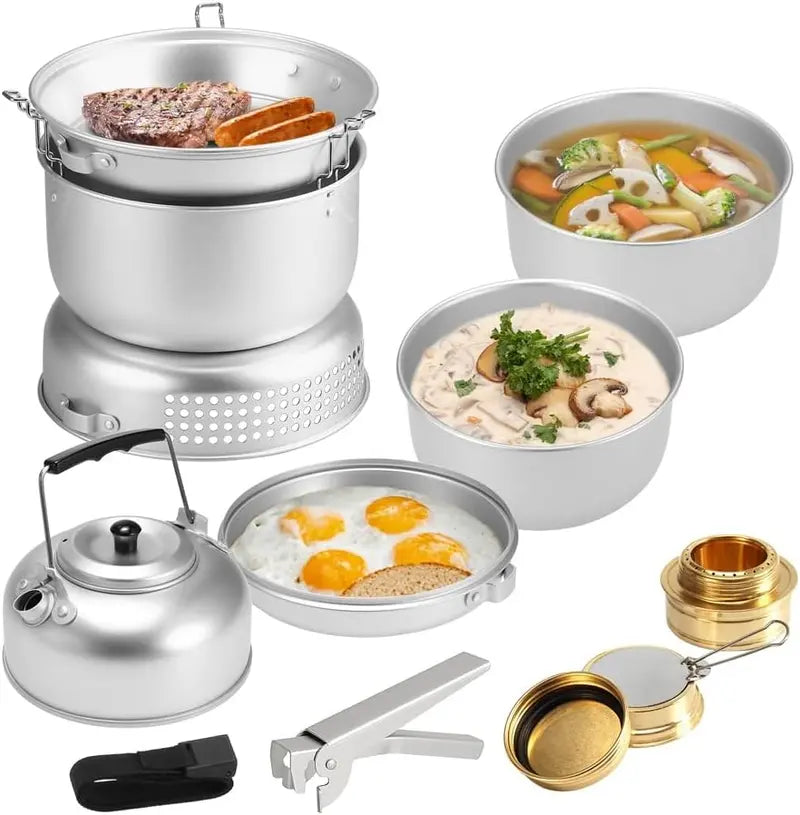 Outdoor Camping Cooking Set – 10 PCS Stove Kit with Dish Plates, Pots & Water Kettle