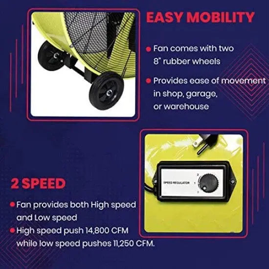 K Tool International 42″ Industrial Belt-Drive Drum Fan – Dual-Speed, Safety Yellow, Rubber-Caster Mobility