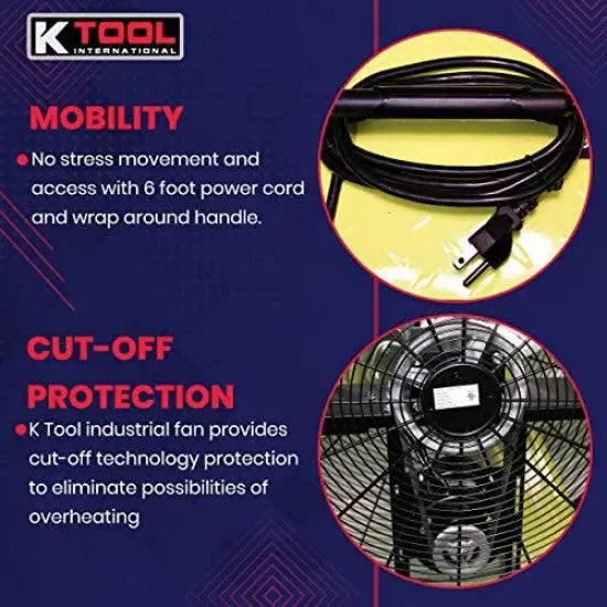 K Tool International 42″ Industrial Belt-Drive Drum Fan – Dual-Speed, Safety Yellow, Rubber-Caster Mobility