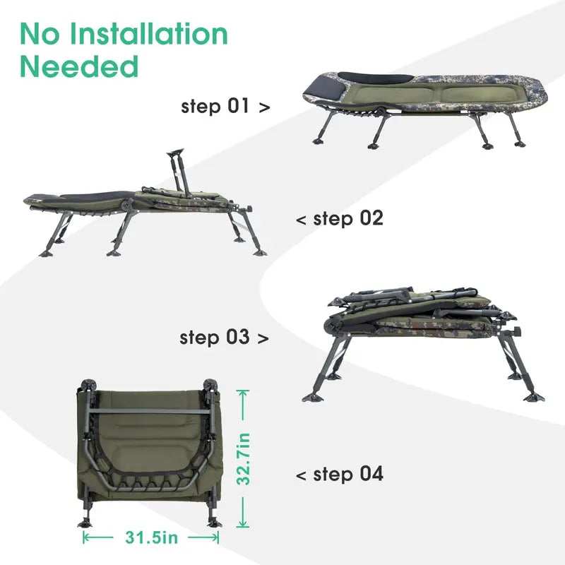 Heavy-Duty Adult Camping Cot – 330-Lb Capacity, Padded Cushion, 180° Reclining, Includes Carry Bag