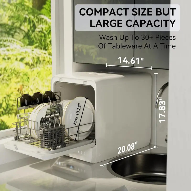 Hermitlux Countertop Mini Dishwasher – 7-Program Portable Unit with 5L Built-in Tank, LED Display, Glass Door, No Plumbing Required