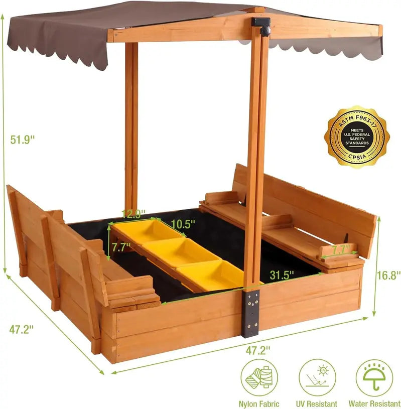 Wooden Outdoor Sandbox with Canopy – 47″×47″ Sand Play Center Featuring Retractable Roof & Foldable Benches