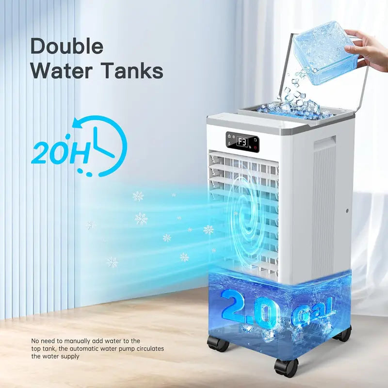 Hose-Free Portable Evaporative Air Cooler – 3-Speed, 3-Mode Swamp Cooler with 12-Hour Auto-Off, 20-Hour Runtime, 16-Foot Remote