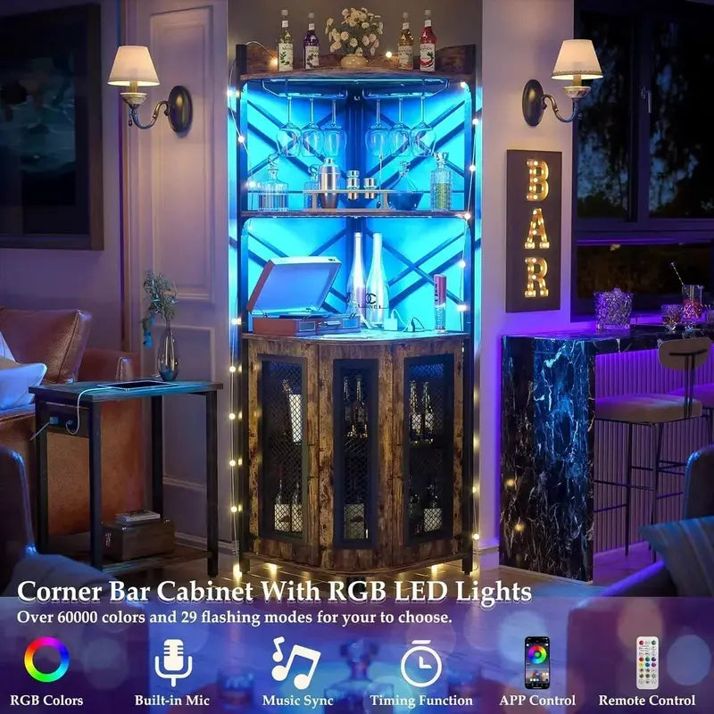 Industrial Corner Bar Cabinet – Power Outlet, LED Strip Lighting, and Wall-Mounted Glass Rack