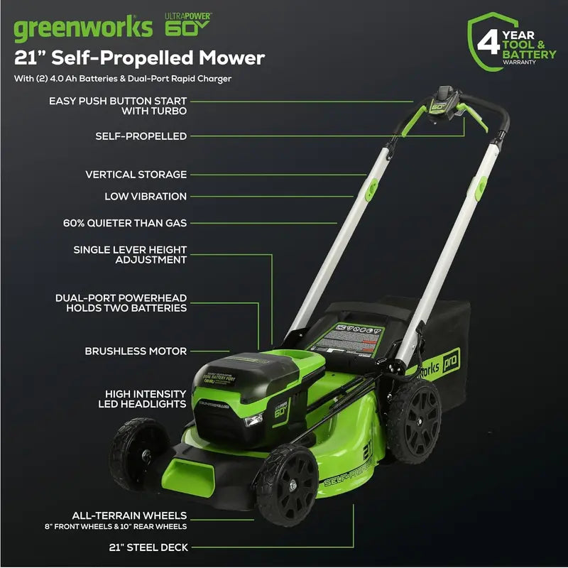 Greenworks 60V 21″ Self-Propelled Cordless Lawn Mower — Includes Two 4.0Ah Batteries & Dual-Port Charger