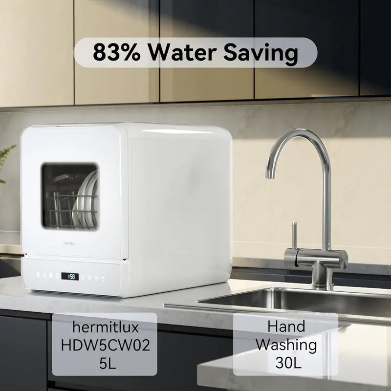 Hermitlux Countertop Mini Dishwasher – 7-Program Portable Unit with 5L Built-in Tank, LED Display, Glass Door, No Plumbing Required