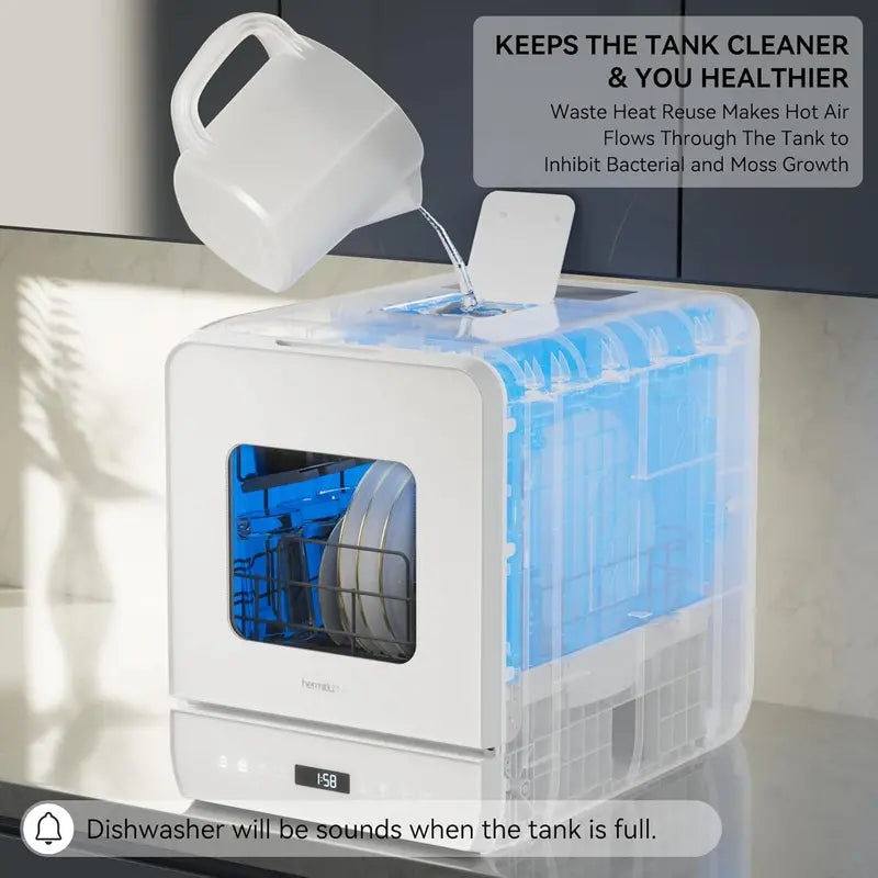 Hermitlux Countertop Mini Dishwasher – 7-Program Portable Unit with 5L Built-in Tank, LED Display, Glass Door, No Plumbing Required
