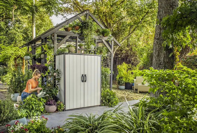 Keter Premier Vertical Storage Shed – Heavy-Duty Resin Outdoor Cabinet with Floor, Lockable Double Doors & Weather-Resistant Grey Finish