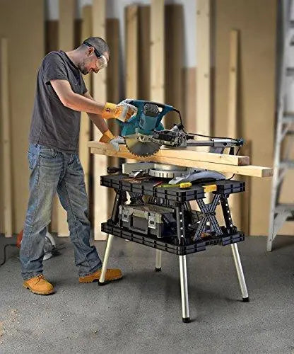 Keter Folding Miter Saw Stand – 12-Inch Woodworking Workbench with Clamps, Black/Yellow
