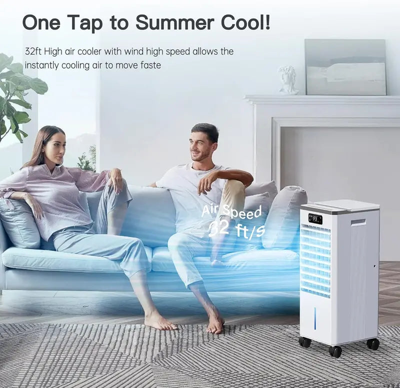 Hose-Free Portable Evaporative Air Cooler – 3-Speed, 3-Mode Swamp Cooler with 12-Hour Auto-Off, 20-Hour Runtime, 16-Foot Remote