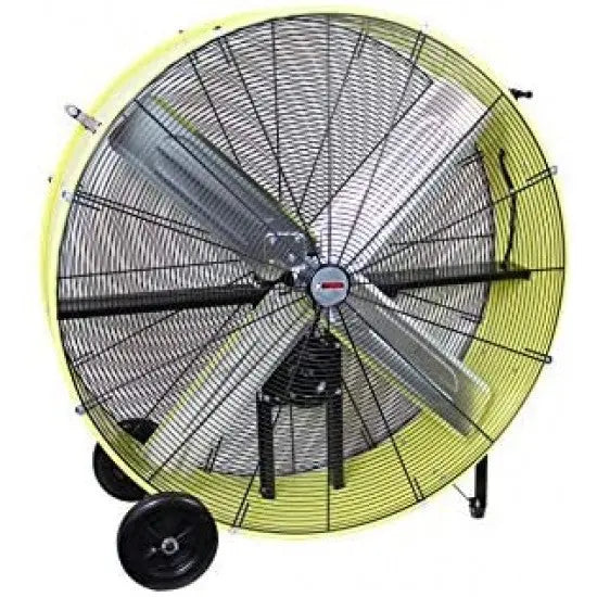 K Tool International 42″ Industrial Belt-Drive Drum Fan – Dual-Speed, Safety Yellow, Rubber-Caster Mobility