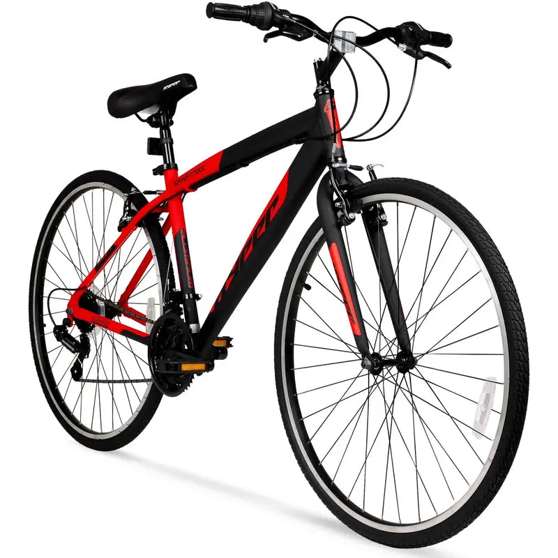 Hyper Men's 700C 21-Speed Spin Fit Hybrid Bike with Aluminum Frame – Black/Red
