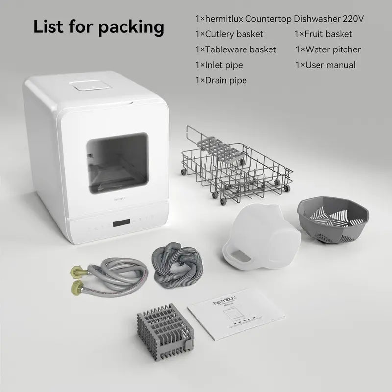 Hermitlux Countertop Mini Dishwasher – 7-Program Portable Unit with 5L Built-in Tank, LED Display, Glass Door, No Plumbing Required