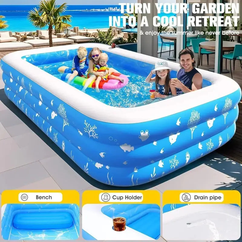 Lighted Family Inflatable Pool – Extra-Large with Integrated Seats & Waterproof LED Lighting
