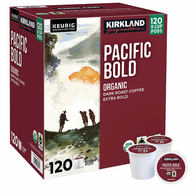 Kirkland Organic Pacific Bold Dark Roast K-Cup Pods – 120-Count Box for Keurig Brewers