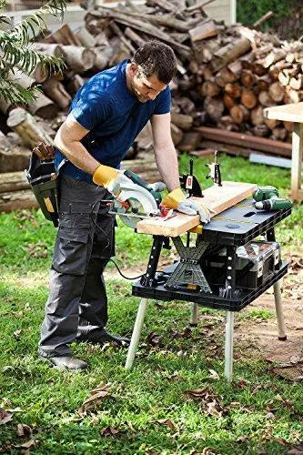 Keter Folding Miter Saw Stand – 12-Inch Woodworking Workbench with Clamps, Black/Yellow