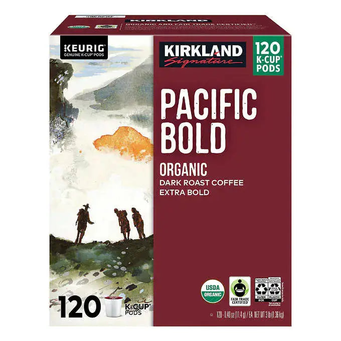 Kirkland Organic Pacific Bold Dark Roast K-Cup Pods – 120-Count Box for Keurig Brewers