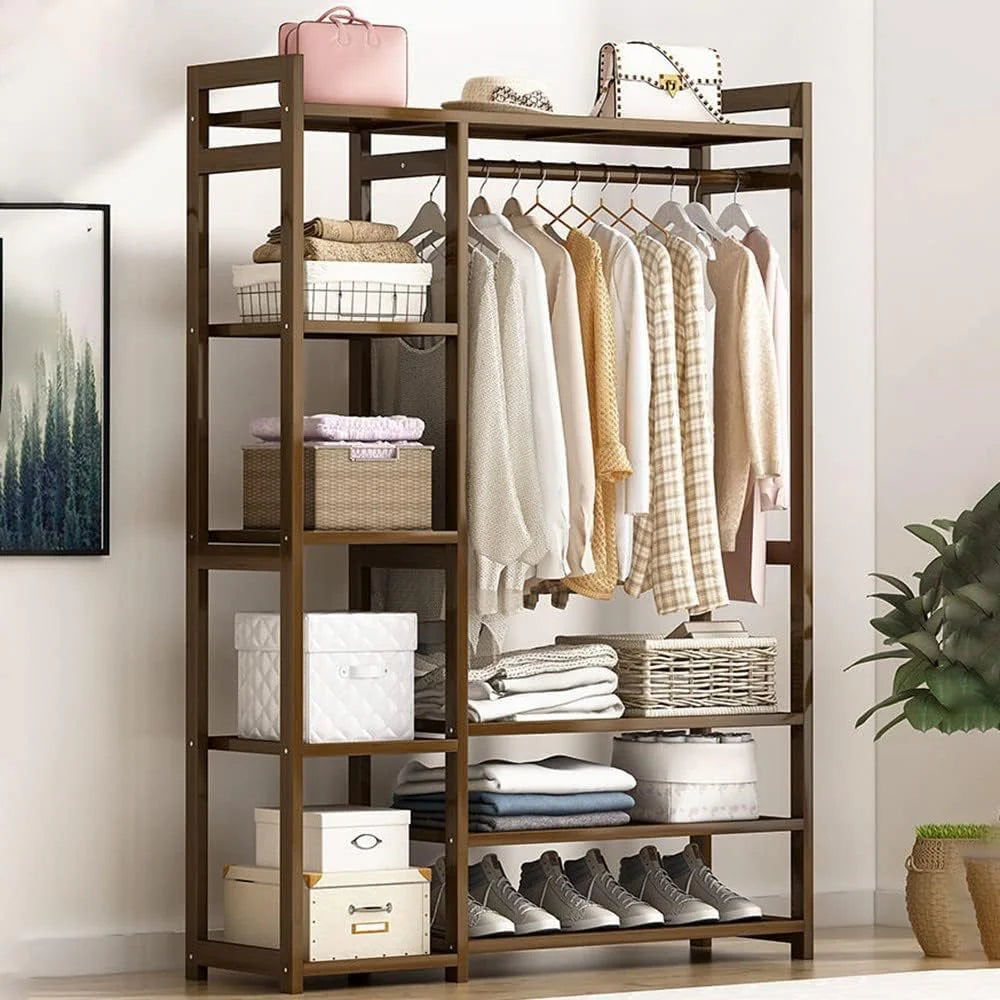 Floor-Standing Solid Wood Rotating Coat Rack .Portable Bamboo Clothes Rack - Versatile Closet Organizer with Storage Shelves and Compartments for Bedroom, Entryway, or Living Room - Stylish a