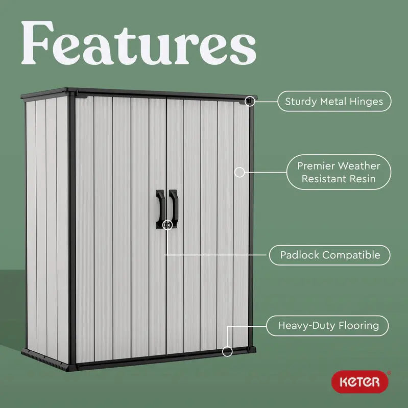 Keter Premier Vertical Storage Shed – Heavy-Duty Resin Outdoor Cabinet with Floor, Lockable Double Doors & Weather-Resistant Grey Finish