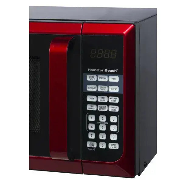 Hamilton Beach Stainless Steel Microwave – 0.9 Cu. Ft., 900W Power, Red Accents, LED Display, Countertop Convenience