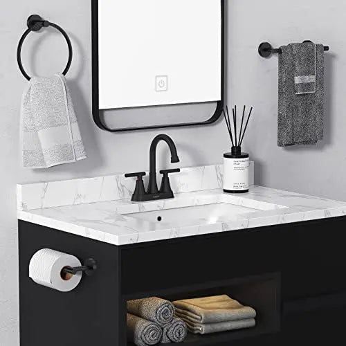 Hurran 3-Hole Bathroom Faucet – 4-Inch Matte Black Sink Faucet with Pop-Up Drain Assembly