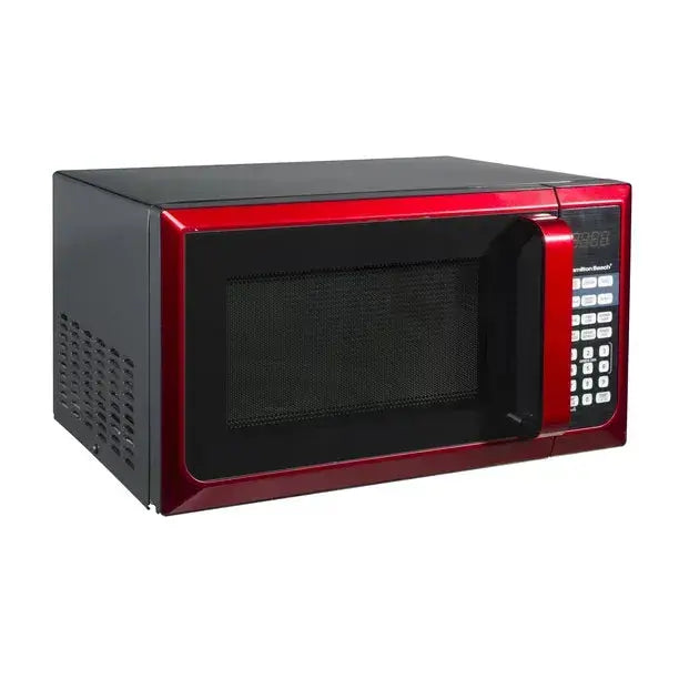 Hamilton Beach Stainless Steel Microwave – 0.9 Cu. Ft., 900W Power, Red Accents, LED Display, Countertop Convenience