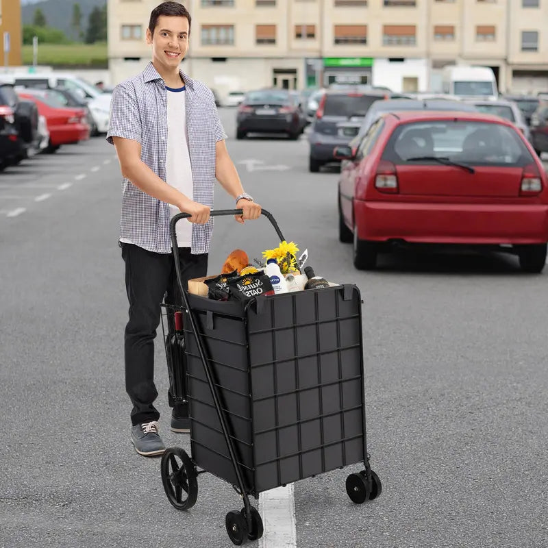 Heavy-Duty Folding Grocery Cart – 330-LB Capacity, Dual Baskets, and 360° Swivel Wheels