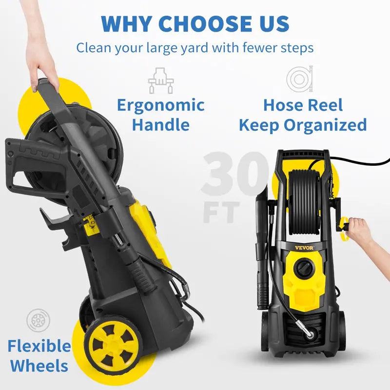 VEVOR 2000 PSI Electric Pressure Washer, 1.76 GPM, 1500W Motor, 30 Ft Hose & Reel, 5 Nozzles, IPX5