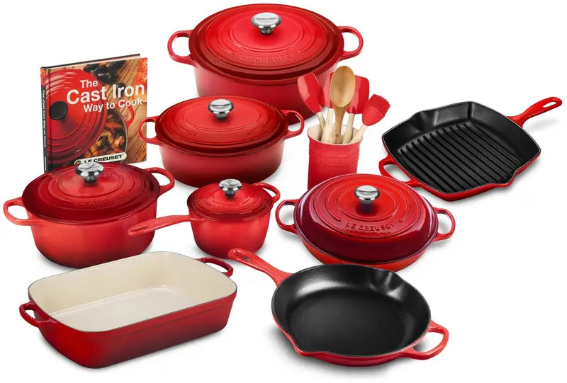 Premium 20-Piece Cast Iron Cookware Collection Including Skillet and Lidded Saucepan