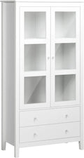 White Freestanding Buffet Cabinet with Soft-Close Glass Doors, Three-Tier Shelving, Two Drawers, and Farmhouse-Inspired Storage Solutions
