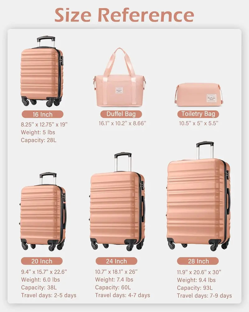 LONG VACATION ABS+PC 6-Piece Luggage Set – Expandable Hardshell Suitcases with YKK Zippers, TSA Locks & 360° Wheels
